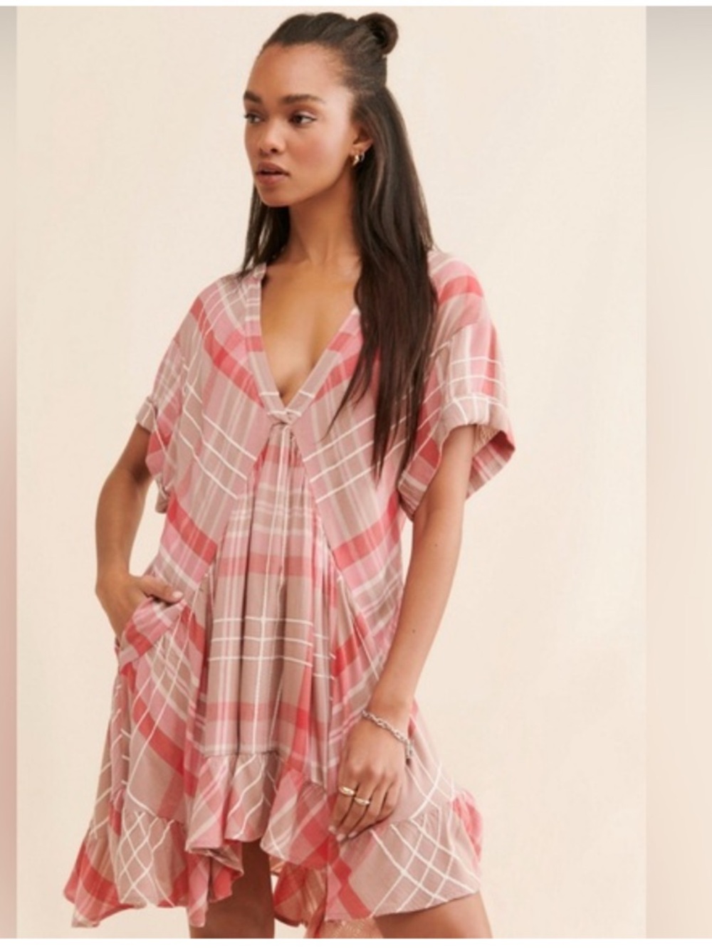Free People S Pink palette Agnes plaid print mini dress
